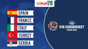 FIBA U18 EuroBasket Serbia 2025 logo on the right, and a list of five countries with their respective flags on the left: Spain, France, Italy, Turkey, and Serbia